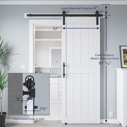 32in x 80in MDF Sliding Barn Door with 6ft Barn Door Hardware Kit & Handle | White Solid Barn Door Slab Covered with Water-Proof PVC Surface, Pre-Drilled Holes Easy Assembly, H-Frame