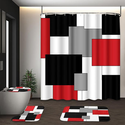 Bathroom Sets with Shower Curtain and Rugs, 4 Pcs, Red Geometric | Checkered Abstract Art Modern Bathroom Decor Set with Toilet Lid Cover, Non-Slip Bath Mats and Accessories 12 Hooks