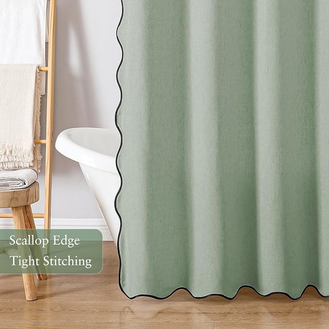 Linen Scallop Shower Curtain with 12 Hooks, Waterproof, 72x78, Sage Green | Heavy Duty Waterproof Fabric with Black Border, Cute Modern Farmhouse Bathroom Décor
