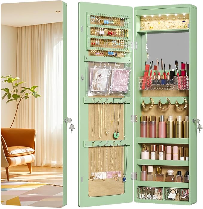 LVSOMT Over the Door Jewelry Organizer with Mirror Door Mirror with Storage | Jewelry Mirror Cabinet with Large Capacity, 6 LED Lights,Velvet Lining, Space-Saving for Bedroom, Cloakroom, Gift Women Girls