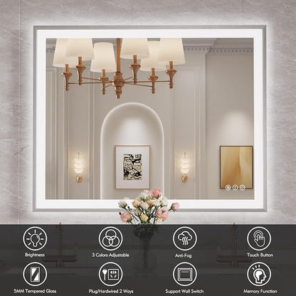40x32 Inch LED Bathroom Mirror with Silver Frame | Silver Metal Frame, Front and Backlit, 3 Colors, Dimmable, Memory, Anti Fog, Tempered Glass, Lighted Mirror for Wall