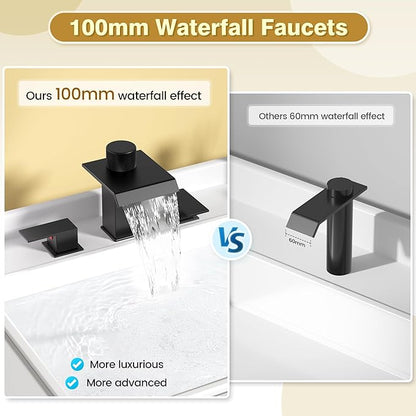 Bathroom Faucet 3 Hole, Black Bathroom Sink Faucet with Filter, 8 Inch Widespread Waterfall Bathroom Faucet with Metal Pop-Up Drain and Supply Hoses, Perfect for Vanity, Restroom, Sink, Rv