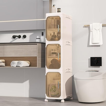 3 Tier Slim Bathroom Storage Cabinet, Foldable and Movable, Beige | Tools Free, ABS and PET, Magnetic Clear Door, Adjustable Shelves, Lockable Wheels, Water Resistant, For Narrow Space