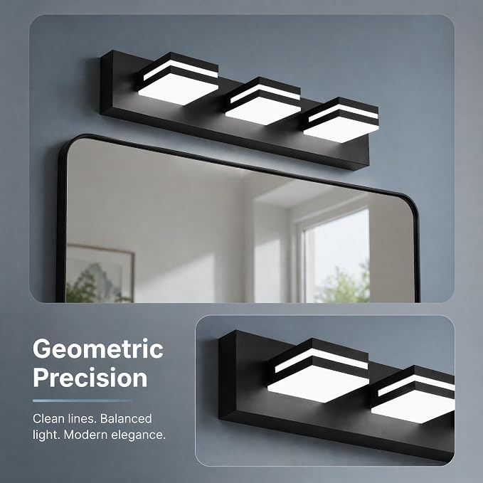 Black Modern LED Bathroom Vanity Light Fixtures over Mirror (22 in 3-Light) | Rotatable Heads, Dimmer Compatible, Wall Mount, Square Shape Design