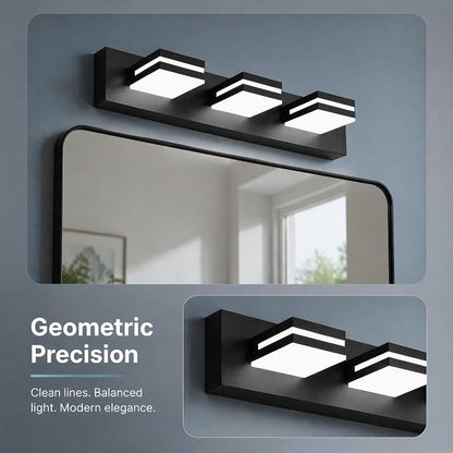 Black Modern LED Bathroom Vanity Light Fixtures over Mirror (22 in 3-Light) | Rotatable Heads, Dimmer Compatible, Wall Mount, Square Shape Design