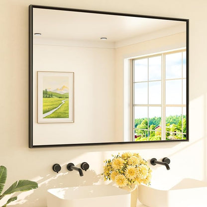 Black Bathroom Mirror for Over Sink 48" x 36" Large Matte Black Beveled Metal Framed Rectangular Vanity Mirror for Bathroom, Bedroom, Entryway, Living Room, Tempered Glass, Shatterproof