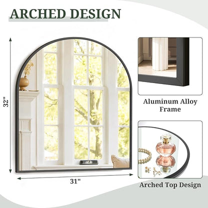 Arched Wall Mirror 32x31 Inch Black Bathroom Vanity Mirror with Metal Frame | Modern Arch Mirror for Bedroom, Living Room, Entryway, Wall Mounted Decorative Mirror