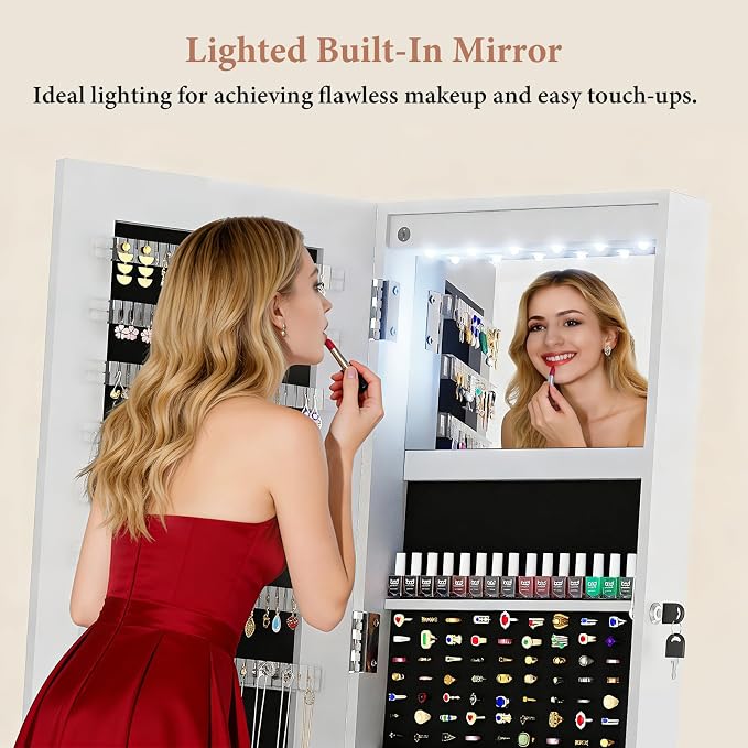Jewelry Armoire with Drawer and LED Lights, White | Rotatable Jewelry Cabinet with Full Length Mirror, Lockable, 3 Rear Shelves, Jewelry Organizer with Storage for Women, Girl