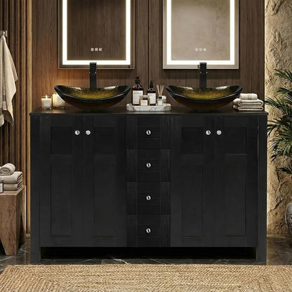 48 Inch Bathroom Vanity with Sink, Traditional Freestanding Black Bathroom Vanity Cabinet with Four Drawers, Pedestal Cabinet with Two Boat Gold Glass Vessel Sinks