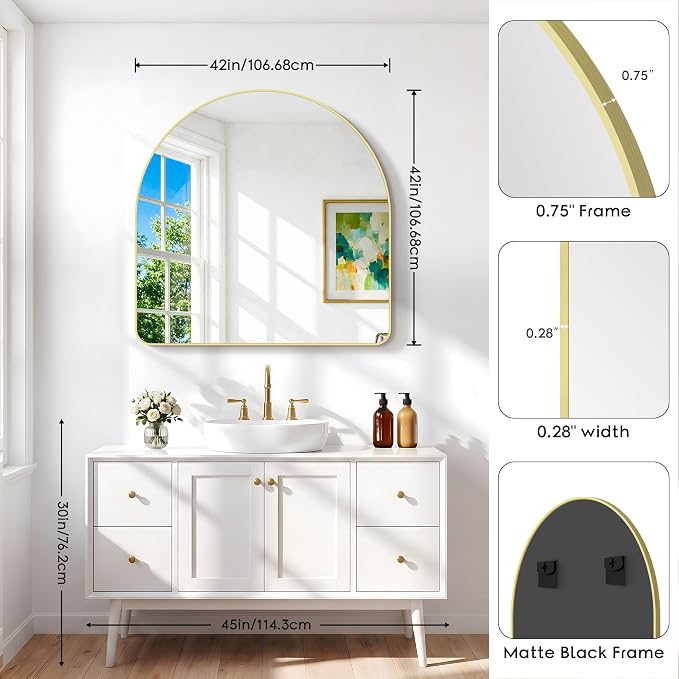 BONEWEI Arched Wall Mirror,42x42 inch Gold Arched Mirror Bathroom,Large Vanity Mirror for Over Sink Metal Frame,Tempered Glass Arch Mirrors for Bedroom,Entryway,Living Room,Home Decor Shatter-Proof