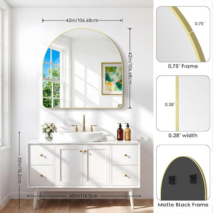 BONEWEI Arched Wall Mirror,42x42 inch Gold Arched Mirror Bathroom,Large Vanity Mirror for Over Sink Metal Frame,Tempered Glass Arch Mirrors for Bedroom,Entryway,Living Room,Home Decor Shatter-Proof