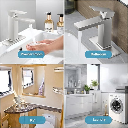 Bathroom Sink Faucet Single Hole Brushed Nickel Single Handle Faucet with Pop-up Drain and Deck for 1 Hole or 3 Hole Bathroom Sink Vanity
