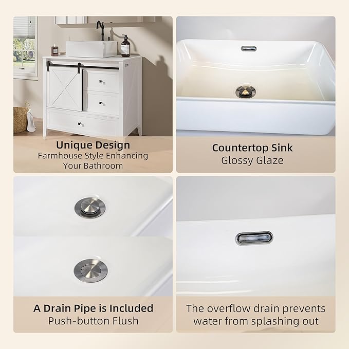 VNN Bathroom Vanity with Sink - 36 Inch Bathroom Vanity with Sink Ceramic, Freestanding Cabinet with Farmhouse Sliding Barn Door and 3 Drawers, Space-Saving Storage Cabinet, Wood Grain Texture, White