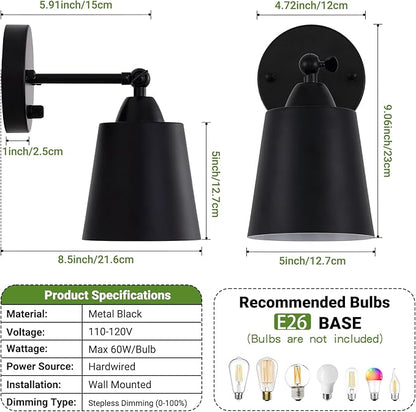 Dimmable Wall Sconces Set of Two, Bedside Wall Mount Lamp with Rotary Switch, Black Bathroom Vanity Lights with Metal Shade, Hardwired Swing Arm Wall Lights for Bedroom Living Room Hallway