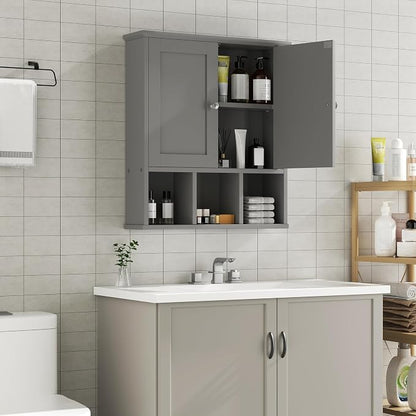Shintenchi Bathroom Medicine Cabinet, Wall Mounted, Adjustable Shelf, Gray | Over The Toilet Cupboard, Open & Concealed Storage, 2 Magnet Doors, Space-Saving, Easy to Clean