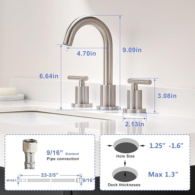 Waterfall Bathroom Faucets for Sink 3 Hole | Brushed Nickel Bathroom Faucet with Pop-up Drain, 8 Inch Widespread Bathroom Sink Faucet 2-Handles Vanity Faucet with Supply Lines