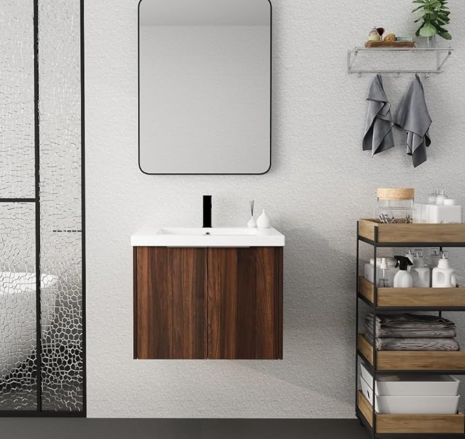 24in Wall Mount Bathroom Vanity w/Sink Combo for Small Space, Resin Countertop Double Door Modern Walnut Bathroom Vanity Cabinet