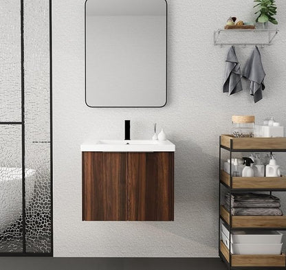 24in Wall Mount Bathroom Vanity w/Sink Combo for Small Space, Resin Countertop Double Door Modern Walnut Bathroom Vanity Cabinet