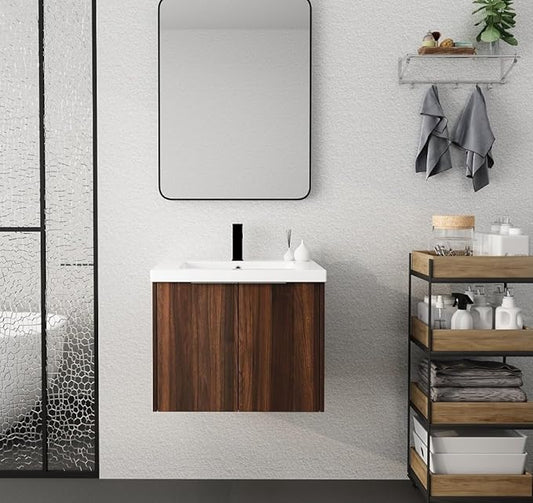 24in Wall Mount Bathroom Vanity w/Sink Combo for Small Space, Resin Countertop Double Door Modern Walnut Bathroom Vanity Cabinet