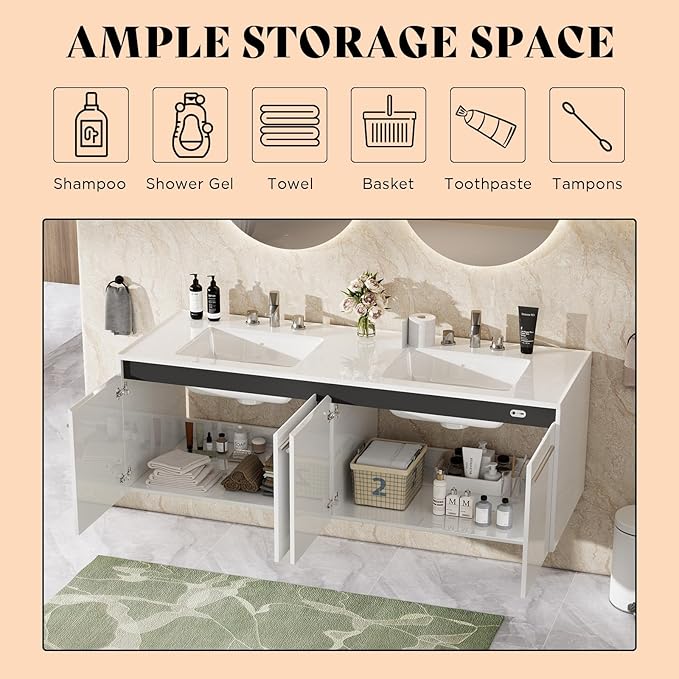 AMERLIFE 60" LED Floating Bathroom Double Vanity with Sink, Modern High Gloss Wall Mounted Bathroom Storage Cabinet with 3 Hole Sink, Metal Handles & Soft Closing Doors, White