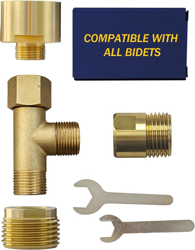 Universal Bidet T Adapter for Any Brand Bidet Hose, All-in-One Solution fit Toilet Tank Inlet or Angle Valve Outlet, 3/8"-7/8"-1/2", Brass Made
