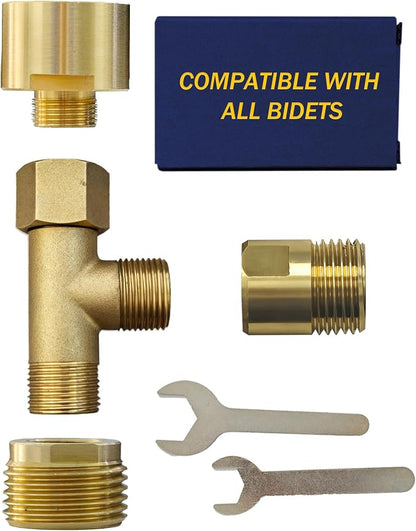 Universal Bidet T Adapter for Any Brand Bidet Hose, All-in-One Solution fit Toilet Tank Inlet or Angle Valve Outlet, 3/8"-7/8"-1/2", Brass Made