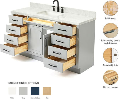 ARIEL Hepburn 60-inch Bathroom Vanity with Sink,Solid Wood, 1.5-inch Italian Carrara Marble Countertop, Single Rectangular Porcelain Sink, 2 Soft Closing Doors, 9 Dovetail Drawers, Grey