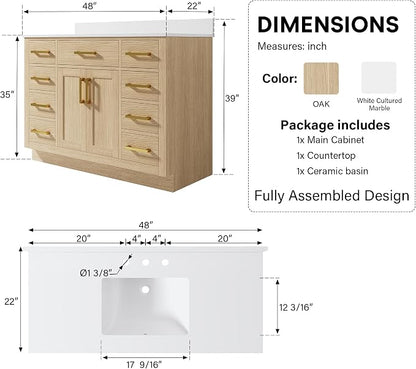 48-Inch Bathroom Vanity with Sink W/ 2 Doors & 8 Drawers & 1 Flip Drawer, Oak Vanity W/Brushed Gold Handles