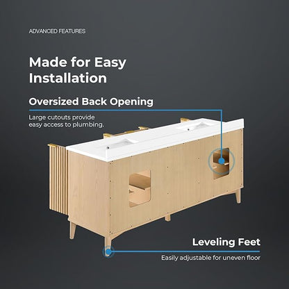 OVE Decors Indy 72 in. Undermount Double Sink Bathroom Vanity with White Engineered Marble Top, Rustic Ash