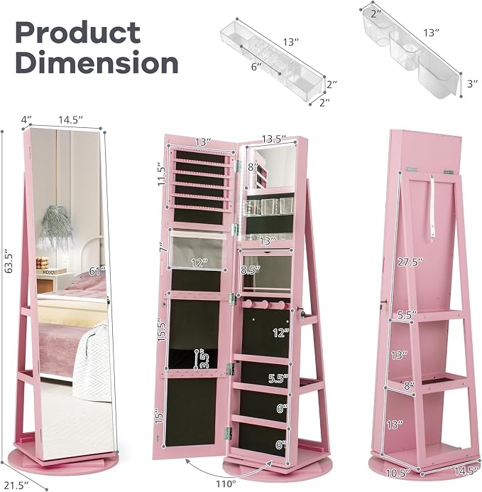CHARMAID 360° Swivel Jewelry Armoire with Full Length Mirror, Rear Storage Shelves, Lockable Standing Jewelry Cabinet Organizer with Interior Vanity Mirror and 3-Color Lights (Pink)