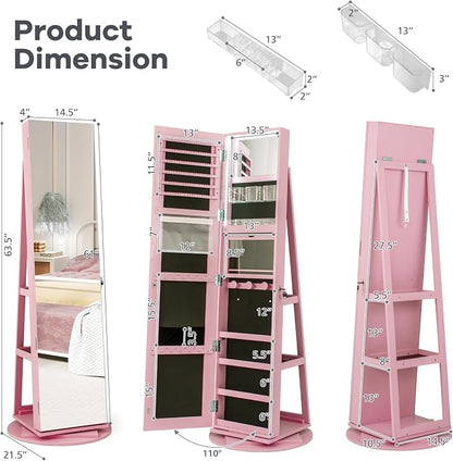 CHARMAID 360° Swivel Jewelry Armoire with Full Length Mirror, Rear Storage Shelves, Lockable Standing Jewelry Cabinet Organizer with Interior Vanity Mirror and 3-Color Lights (Pink)