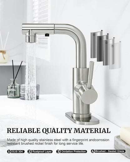 Ultimate Unicorn Brushed Nickel Single Handle Modern Bathroom Faucet with Pull Out Sprayer, 15.5" Retractable Hose, 360 Swivel Spout, Pop Up Drain, Stainless Steel, 1 Hole Installation