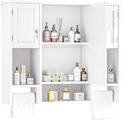 VECELO Bathroom Wall Cabinet with Mirror, Wall Mounted Medicine Cabinet with Open Shelves, 2 Towels Bars for Bathroom Laundry Room Kitchen, 35.04 * 7.09 Inches, Gold