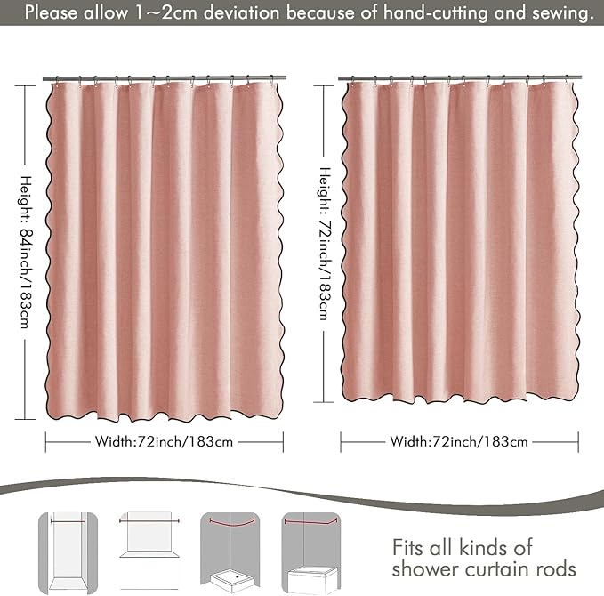 MIULEE 72"x84" Extra Long Scalloped Linen Shower Curtain Blush Pink | Linen Textured, Waterproof, Washable, 12 Metal Hooks, Heavy Duty Cloth, Black Border, Shower Curtain for Bathroom Bathtub