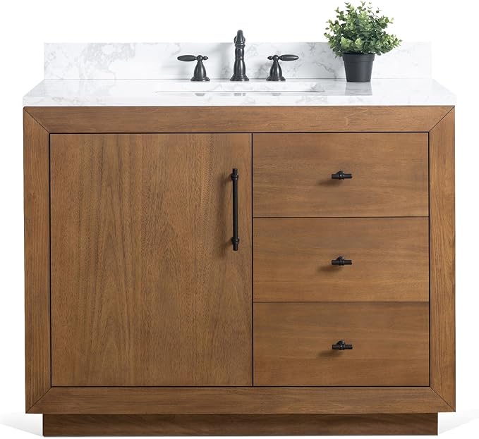 HOMEBEYOND 42" Bathroom Vanity with Single Sink & Ceramic Top, MDF Material Vanity Cabinet with Basin Combo, Soft-Closing Doors, Removable Shelf, Backsplash,Tan