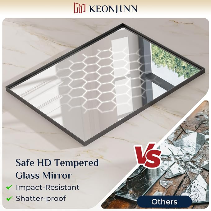Keonjinn 22x30 Inch Black Bathroom Mirror for Over Sink,HD Tempered Glass | Rectangular, Vanity Mirror, Brushed Framed, Square Corner, Modern Farmhouse, Wall Mounted Mirrors, Aluminum Alloy