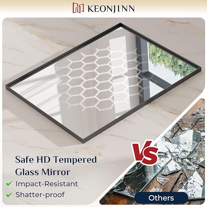 Keonjinn 40x24 Inch Black Bathroom Mirror for Over Sink, HD Tempered Glass | Rectangular, Vanity Mirror, Brushed Framed, Square Corner, Modern Farmhouse, Wall Mounted Mirrors, Aluminum Alloy