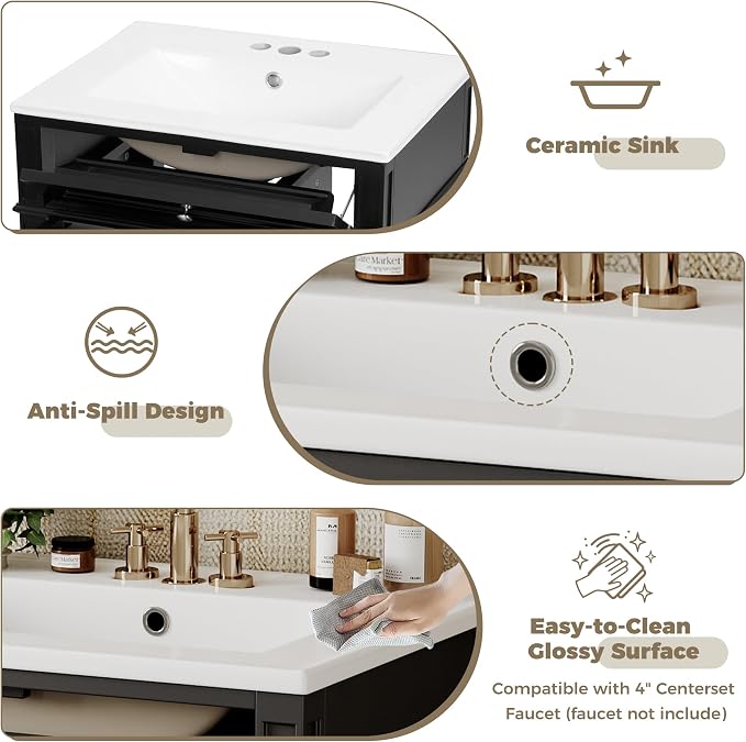 Merax 24 Inch Bathroom Vanity with Ceramic Sink, Solid Wood Frame Modern Bathroom Sink Storage Cabinet with 2 Drawers and a Tip-Out Drawer, Single Sink Bathroom Vanities, Black