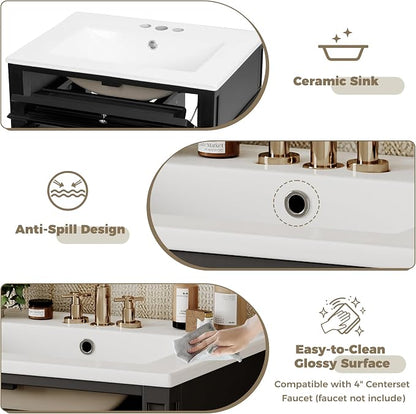 Merax 24 Inch Bathroom Vanity with Ceramic Sink, Solid Wood Frame Modern Bathroom Sink Storage Cabinet with 2 Drawers and a Tip-Out Drawer, Single Sink Bathroom Vanities, Black