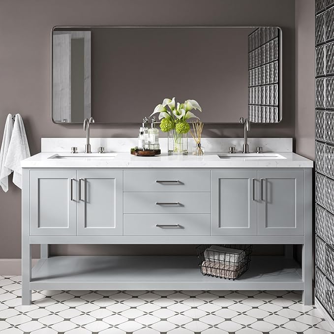 DKB Olivia 72" Grey Double Bathroom Vanity, 1.5" Edge Carrara Quartz Countertop, Rectangular Undermount Sinks, 4 Soft Closing Doors, 3 Full Extension Dovetail Drawers, Open Storage Shelf