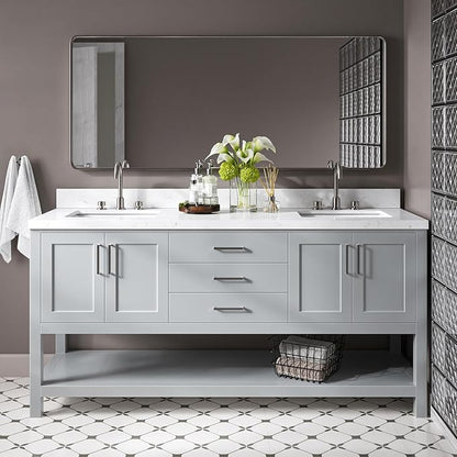 DKB Olivia 72" Grey Double Bathroom Vanity, 1.5" Edge Carrara Quartz Countertop, Rectangular Undermount Sinks, 4 Soft Closing Doors, 3 Full Extension Dovetail Drawers, Open Storage Shelf