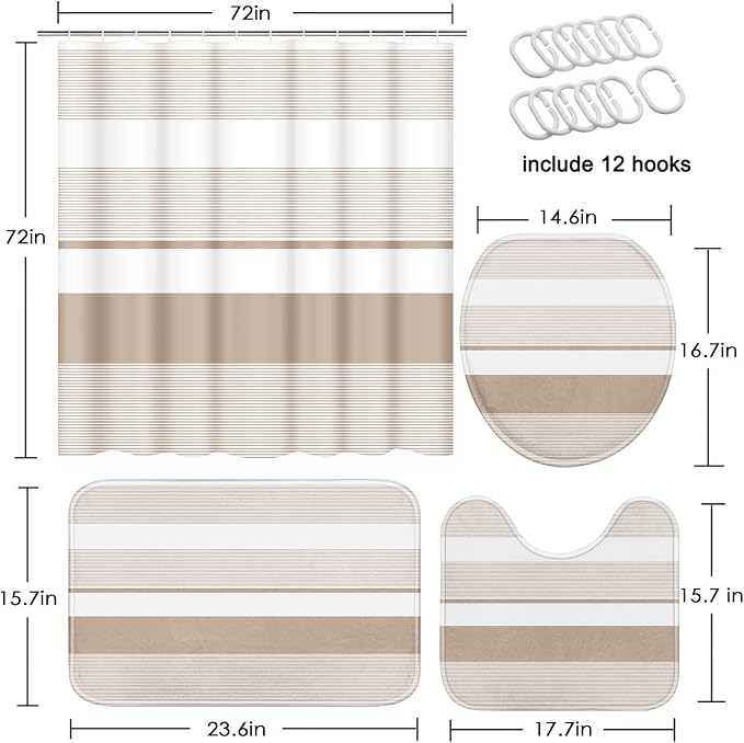 Bathroom Sets with Shower Curtain and Rugs, 4 Pcs, Abstract Striped | Modern Beige Simple Bathroom Decor Set with Toilet Lid Cover, Non-Slip Bath Mats and Accessories 12 Hooks