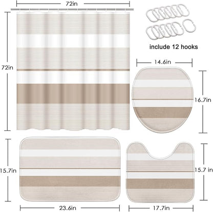 Bathroom Sets with Shower Curtain and Rugs, 4 Pcs, Abstract Striped | Modern Beige Simple Bathroom Decor Set with Toilet Lid Cover, Non-Slip Bath Mats and Accessories 12 Hooks
