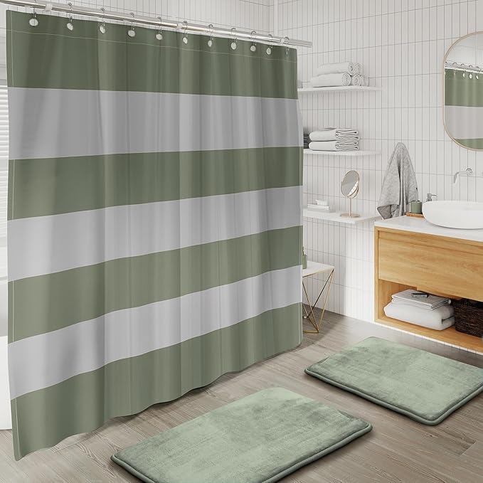 Clara Clark Bathroom Accessories Set - 28PC Bathroom Set with Adhesive Corner Shower Caddy Hanging, Bathroom Sets with Shower Curtain and Rugs, Sage Green Shower Curtain Set with Bathroom Trash Can
