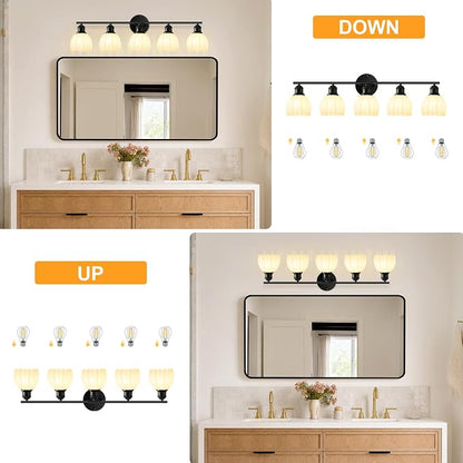 Bathroom Light Fixtures, 5-Light Brushed Black Vanity Lights for Bathroom with White Tulip Glass Shade, 30" Vintage Bathroom Vanity Lighting Fixtures Over Mirror for Bedroom Living Room Hallway