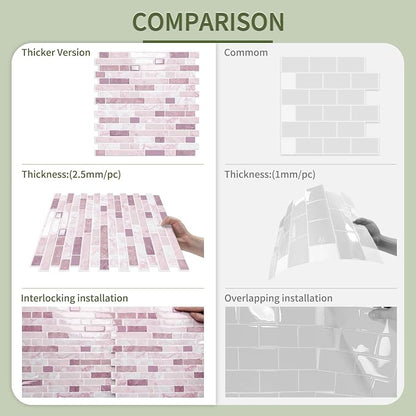 10 Sheets Thick Peel and Stick Kitchen Backsplash Tiles | 3D Waterproof Self Adhesive Wall Tile Stick on Backsplash for Kitchen,Bathroom and Fireplace(Pink,12"×12")