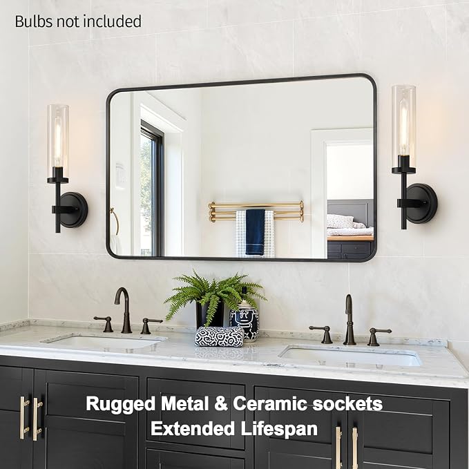 Hardwired Wall Sconces Set of Two, Matte Black Bathroom Sconces with Clear Glass, Modern Wall Light Fixtures for Bathroom Mirror Vanity, Living Room, Bedroom, Hallway, Stairway, Cabinet, Foyer