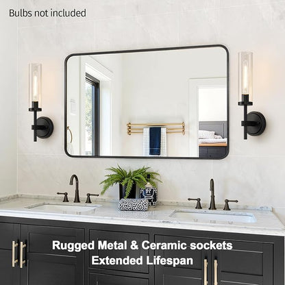 Hardwired Wall Sconces Set of Two, Matte Black Bathroom Sconces with Clear Glass, Modern Wall Light Fixtures for Bathroom Mirror Vanity, Living Room, Bedroom, Hallway, Stairway, Cabinet, Foyer