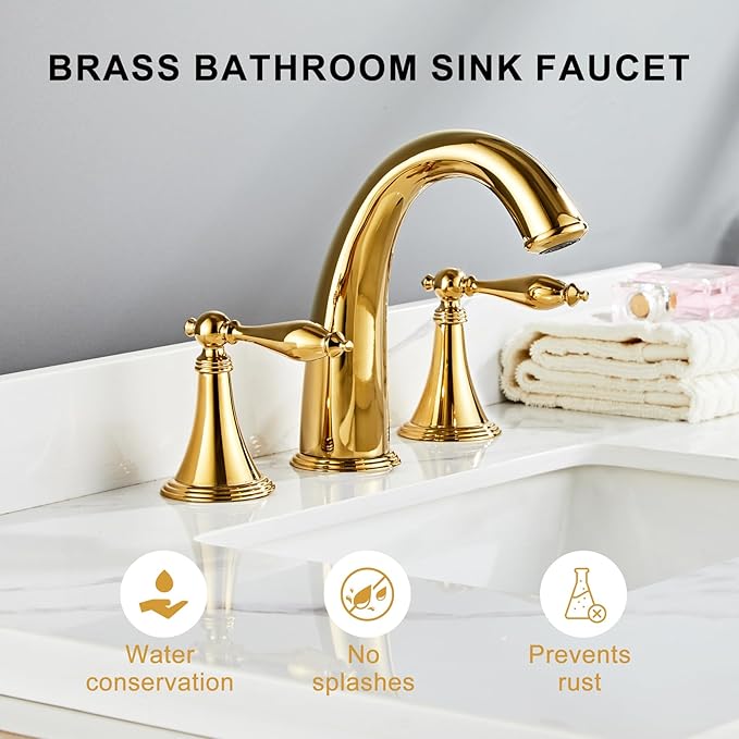 SaniteModar Polished Gold Bathroom Sink Faucet,Brass Bathroom Faucet 3 Hole,Widespread Bathroom Faucet for Sink 3 Hole,2 Handles Design with Water Supply Lines