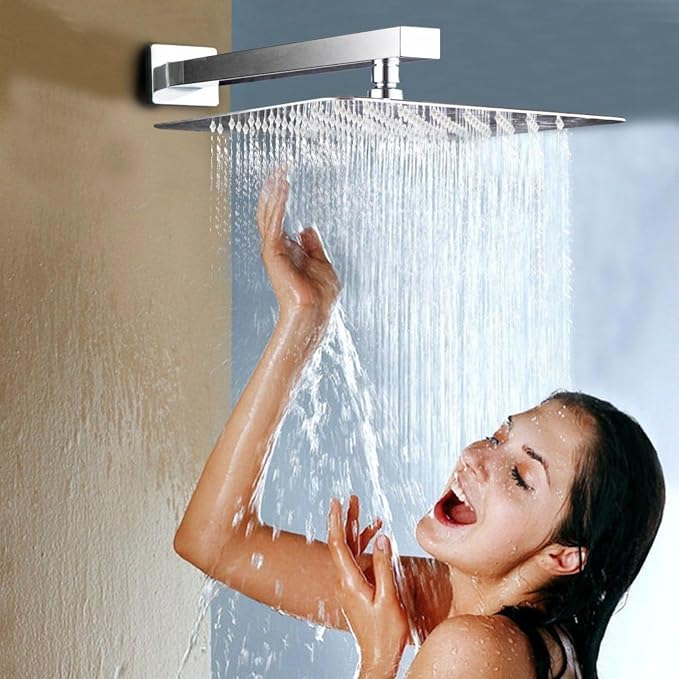 Voolan All Metal Shower Head with Extension Arm, Stainless Steel Waterfall Rainfall Showerheads, High Flow Bathroom Square Rain Shower Head (10’’ Shower Head with 16’’ Shower Arm, Brushed Nickel)